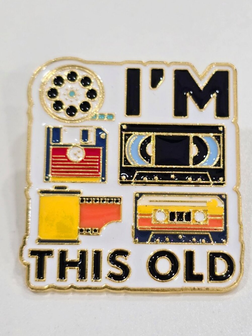 Artisan Im This Old Retro Tech Enamel Pin Floppy Disk VHS Tape Gold Brooch Sz OS